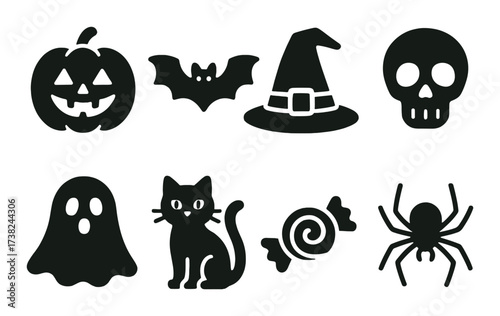 Halloween symbols: pumpkin, bat, witch hat, skull, ghost, cat, candy, spider silhouettes
