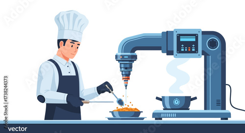 Futuristic chef using a robotic arm to prepare a meal, symbolizing innovation in culinary arts and automated cooking
