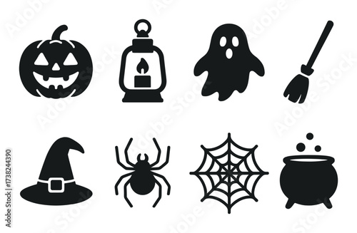 Halloween icons: pumpkin, lantern, ghost, broom, hat, spider, web, cauldron