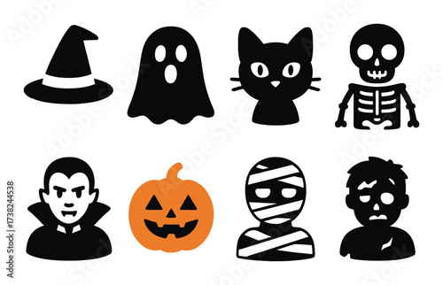 Glow-in-the-dark halloween icons: pumpkin, witch hat, ghost, cat, skeleton, vampire, mummy, zombie