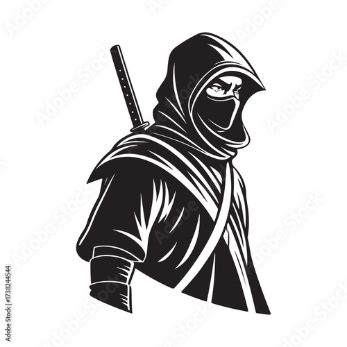 Mysterious shadowy ninja warrior with sword in black and white