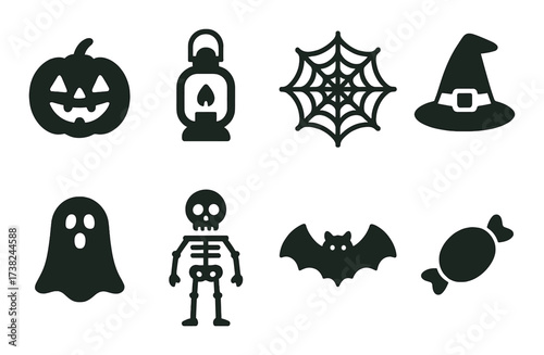 Halloween icons: pumpkin, lantern, spider web, witch hat, ghost, skeleton, bat, candy