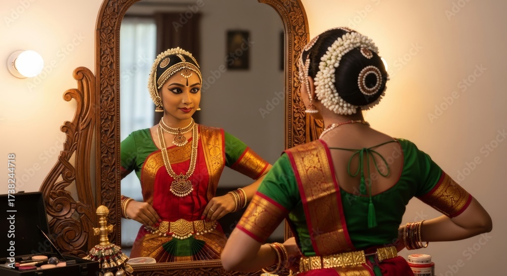 Fototapeta premium Indian classical dancer prepares costume and makeup in mirror before performance in traditional dressing area