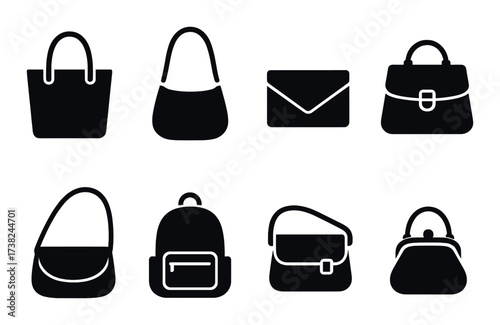 Set of various stylish handbag silhouettes on dark background