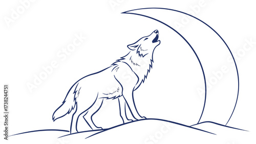 Howling Wolf Under Crescent Moon, Night Landscape Illustration, Nature Environment, Vector Art