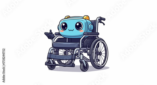 Adorable robotic character in an electric wheelchair, symbolizing modern accessibility, innovative assistive technology, and the future of inclusive design with a friendly AI presence