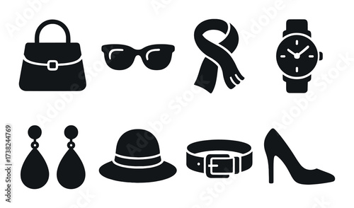 Silhouette accessories icons: handbag, sunglasses, scarf, watch, earrings, hat, belt, heels
