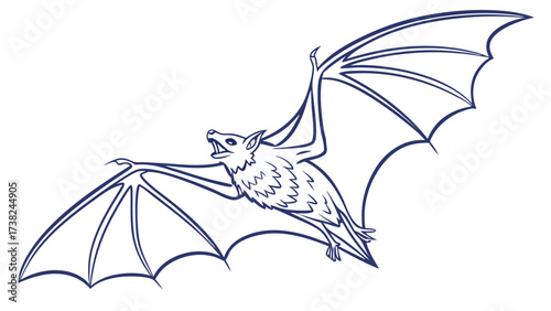 Flying Bat Illustration, Wildlife Art, Digital Design, Minimalist Style, Blue Lines, Artistic View