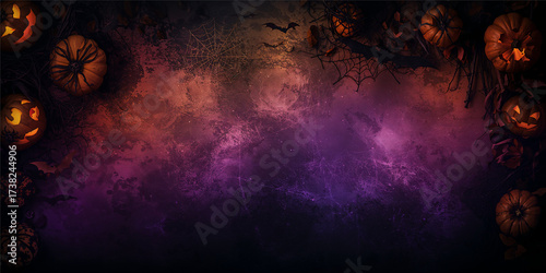 A spooky Halloween background featuring glowing carved pumpkins, dark bats, cobwebs, and twisted branches arranged around the edges with a grungy purple and orange textured center space