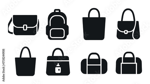 Collection of black iconic bag designs including backpacks and handbags