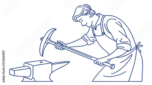 Blacksmithing Artistry in Workshop, Illustration, Minimalist Blue Design