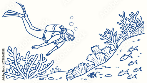 Scuba Diver Exploring Coral Reef Life Underwater, Marine Habitat, Vector Illustration, Minimalist Style
