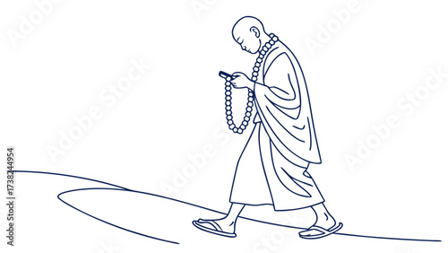 Walking Monk Using Smartphone, Urban Street, Illustration, Minimalist Blue Design, Side View, Modern Lifestyle Concept