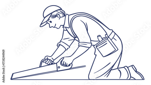 Action of a Carpenter Using a Saw, Workshop, Illustration, Minimalist Blue Design, Close-Up View, Craftsmanship Concept