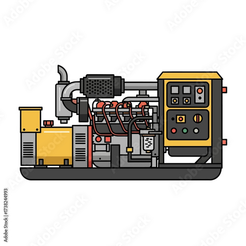 Vector illustration of a powerful industrial diesel generator, an emergency electricity supply unit providing reliable backup power, isolated on a white background