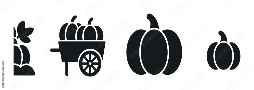 Silhouette of pumpkins and cart on black background: harvest theme
