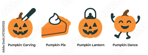 Halloween pumpkin symbols: carving, pie, lantern, and dance icons