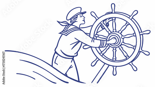Sailor Steering Ship at Sea, Nautical Scene, Vector Illustration, Calm Waters, Side View, Minimalist Design