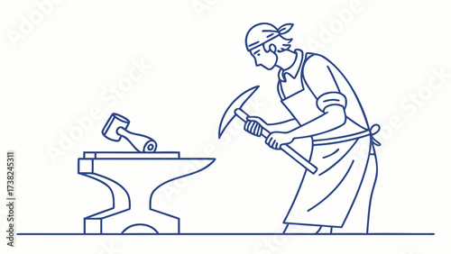 Craftsman Forging Metal Tools at Anvil, Workshop, Illustration, Minimalist Blue Line Art, Close-Up, Artistry and Skill