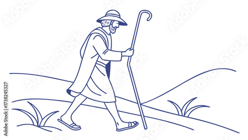 Hiking Adventure, Shepherd, Mountain Trails, Illustration, Minimalist Blue Design, Side View, Nature Journey