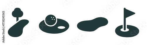 Abstract golf course minimalist design with tree, hole, and flag elements