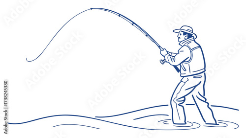Fishing Enthusiast Casting Line in Serene Water Environment - Vector Illustration