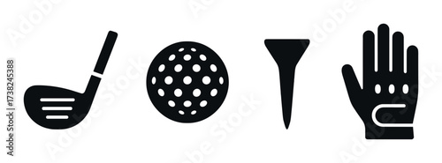 Golf equipment icons: club, ball, tee, glove silhouettes on dark background