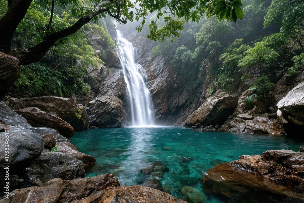 Fototapeta premium Misty Jungle Waterfall and Turquoise Pool