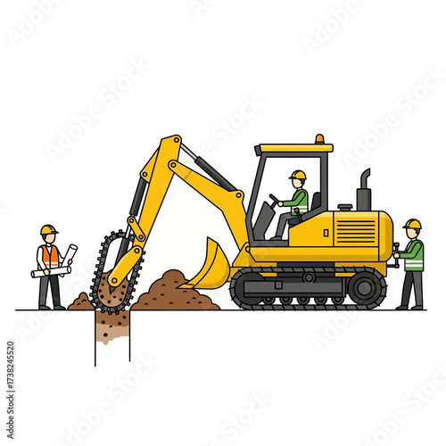 Illustration of a construction crew operating a trencher excavator to dig a trench for a new building project