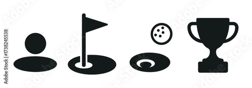 Minimalist golf icons: player, hole, ball, trophy in black silhouette
