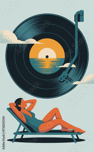A flat stylized abstract illustration of a woman relaxing on a chaise longue on the beach, listening to music on a retro vinyl record player. Vector graphics. EPS.