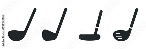 Silhouettes of four different golf clubs on dark background
