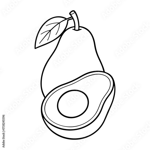 Avocado Doodle style. Hand drawn black and white isolated icon. Healthy eating. Mexican tropical plant. Coloring page, art therapy, line art, logotype. Vector illustration
