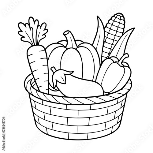 Basket filled with vegetables Doodle style. Hand drawn black and white isolated icon. Coloring page, art therapy, line art, logotype. Vector illustration