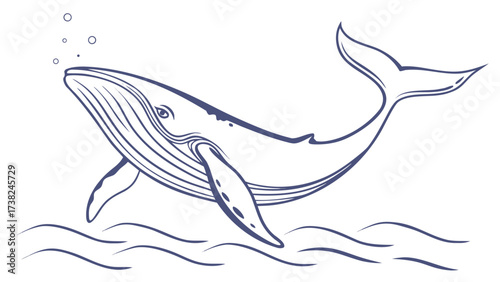 Illustration of a Majestic Whale Swimming in Ocean Waters, Nature Inspired Art, Serene Environment, Animal Design