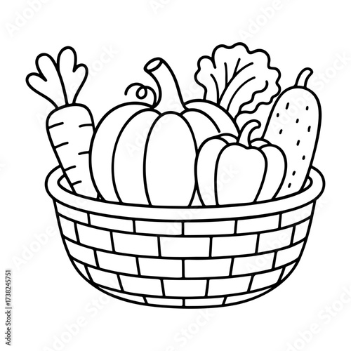 Basket filled with vegetables Doodle style. Hand drawn black and white isolated icon. Coloring page, art therapy, line art, logotype. Vector illustration