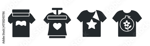 Trendy t-shirt icons featuring heart, star, and floral designs on dark background