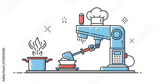 Robotic arm cooking food in a pot with steam rising, representing automation in the culinary industry and future kitchen technology