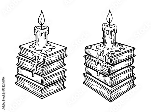 Burning candle on stack of books Doodle style. Hand drawn black and white isolated icon. Coloring page, art therapy, line art, logotype. Vector illustration