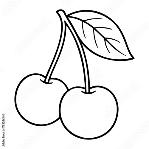 Cherry Doodle style. Hand drawn black and white isolated fresh berry icon. Coloring page, art therapy, line art, logotype. Vector illustration