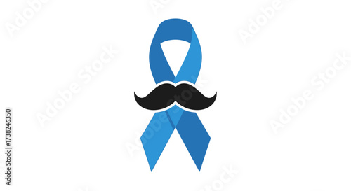 Blue awareness ribbon with moustache icon in flat 2D vector style, clean and modern, isolated on white background, movember, november.