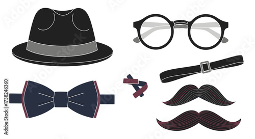 Gentleman accessories hat, glasses, bow tie, moustache, flat minimalist design vector pack on white background, movember, november