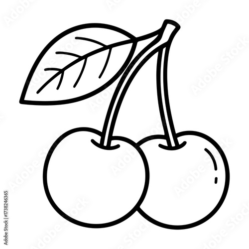 Cherry Doodle style. Hand drawn black and white isolated fresh berry icon. Coloring page, art therapy, line art, logotype. Vector illustration