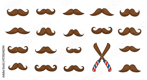 Set of stylish moustache illustrations with barber shop theme, clean flat design, vector isolated on white background, movemeber, november