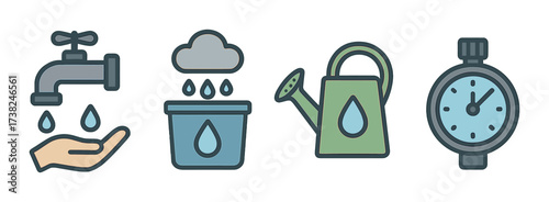 Water conservation icons depicting hand, cloud, watering can, and timer for sustainability