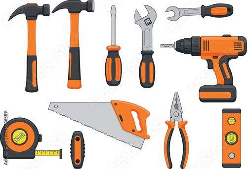 Essential home repair tools collection with hammer, saw, screwdriver, and drill for construction and DIY projects