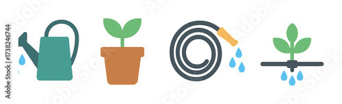 Glowing gardening icons: watering can, plant pot, hose, sprinkler on dark background