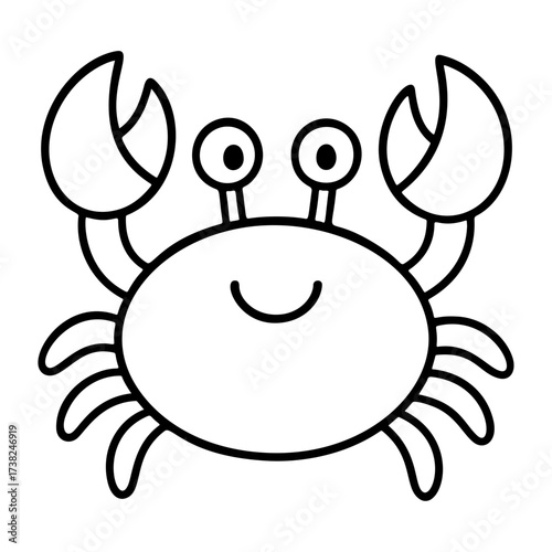 Cute cartoon tiny crab. Doodle style. Hand drawn black and white isolated funny crab icon. Coloring page, art therapy, line art, logotype. Vector illustration