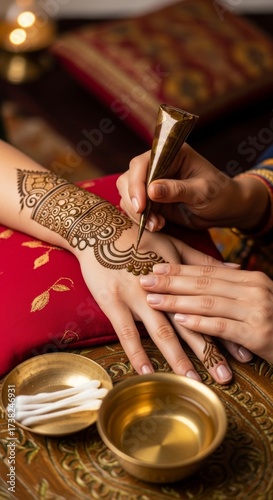 Intricate Indian mehendi designs being crafted on hands with skilled focus in a traditional setting