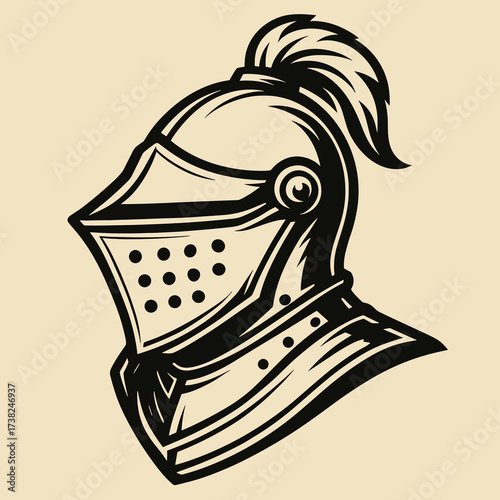 Stylized black silhouette of a medieval knight's helmet on a light background